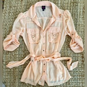Y2K 2B Bebe Peach Utility Style 100% Polyester Snap Button Down Blouse Size S